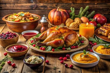 Capture Thanksgiving's bounty: golden hues, overflowing plates, family feast, delicious dishes.