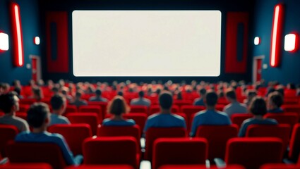 Cinema experience with red chairs and blurred silhouettes