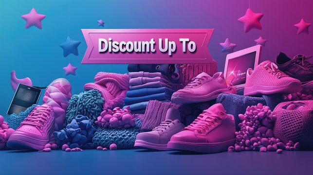 Colorful promotional display featuring various shoes and clothing items with a discount message, set against a vibrant background with playful elements