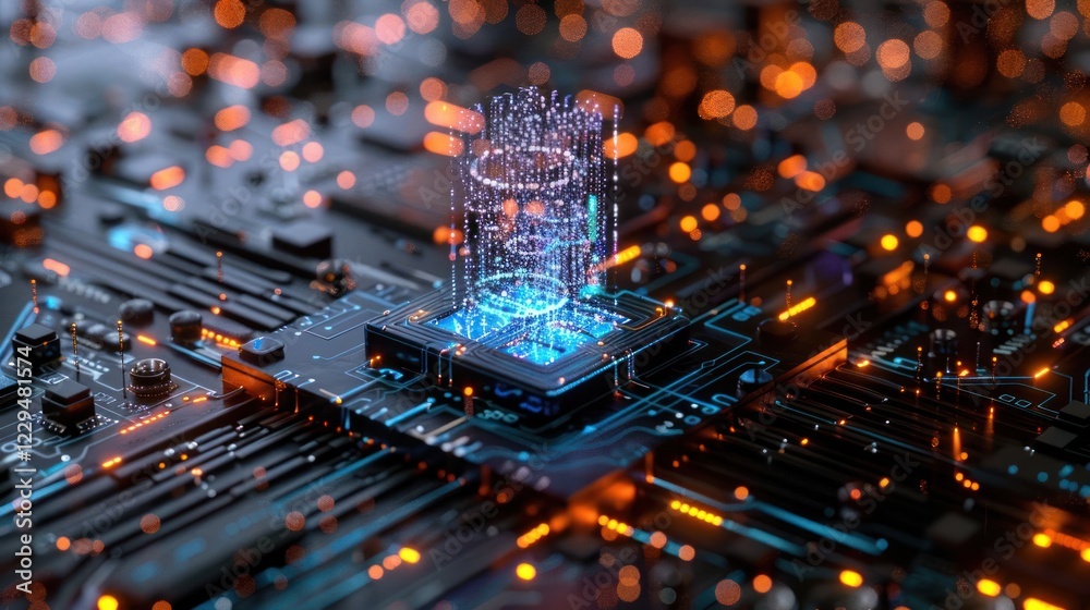 Poster abstract digital circuit with glowing elements and holographic projections in a tech environment
