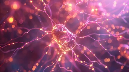 Obraz premium Intricate close-up of a neuron with glowing connections in a vibrant, abstract digital environment