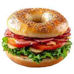 Delicious Gourmet Bagel Sandwich with Fresh Vegetables and Meats on White Background