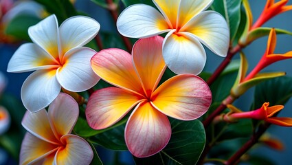 Fototapeta premium Close up of vibrant plumeria flowers in bloom