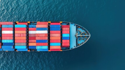 Aerial view of a large cargo ship with colorful containers navigating through the open sea under clear skies.