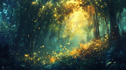 A painting of a forest with a bright yellow sun shining through the trees. The mood of the painting is peaceful and serene