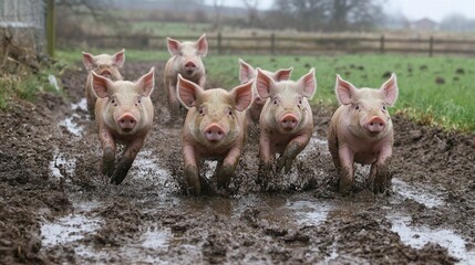 A lively group of pigs enjoys a carefree romp through a muddy patch on a tranquil farm. The playful animals splash and run, exuding joy in the cool morning air