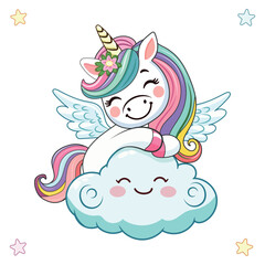 Template with cute humble unicorn with horn and wings hugs cloud on white background. Poster, Banner, Flyer, Greeting Card. Vector illustration in flat cartoon style