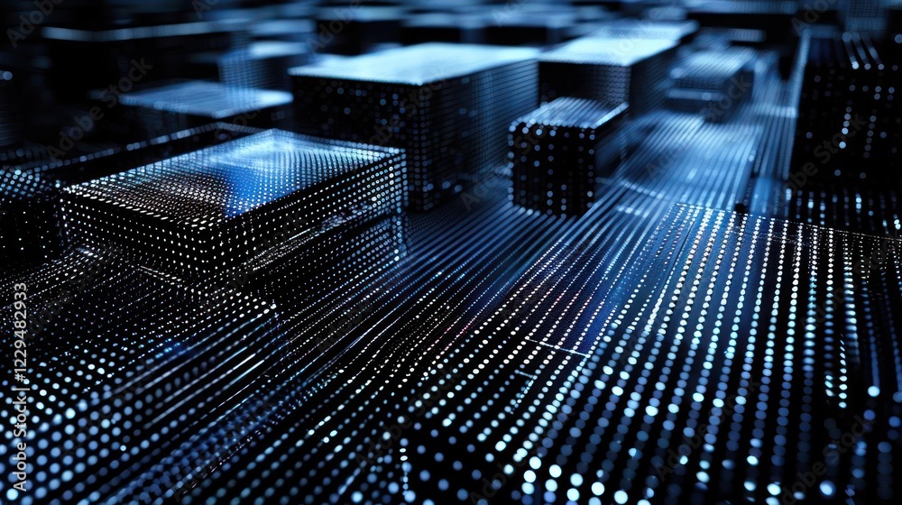 Poster abstract representation of a futuristic cityscape with illuminated structures and depth