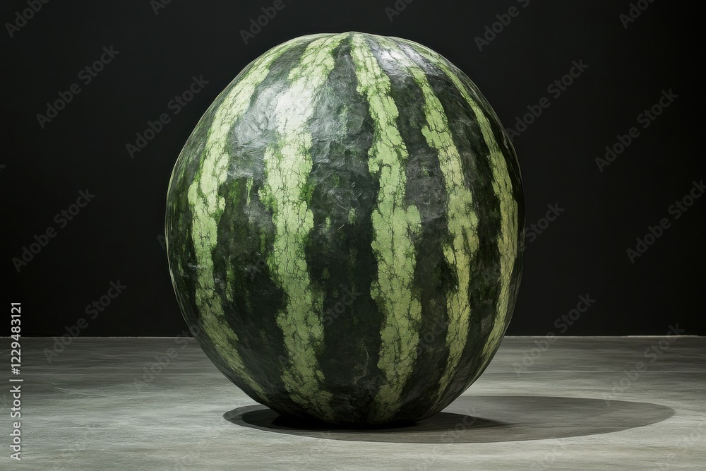 Aufkleber Unique round watermelon displayed on a smooth surface in a dimly lit setting