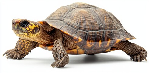 Close-up of a Beautifully Patterned Tortoise with Vibrant Shell Colors Crawling on a Clean White Background in Studio Lighting