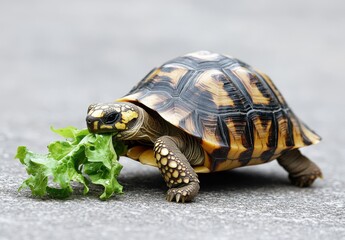 Obraz premium Close-Up of a Colorful Tortoise Eating Fresh Green Lettuce on a Smooth Surface in Natural Light Showcasing its Unique Shell Patterns and Textures