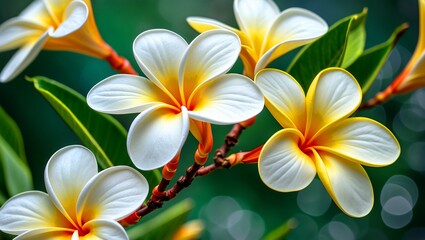 Obraz premium Closeup of vibrant white and yellow plumeria flowers