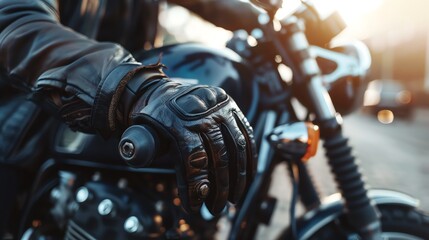 Fototapeta premium A person's hand wearing a leather motorcycle glove on the handlebars of a motorcycle.