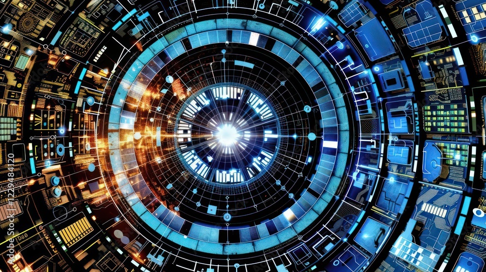 Poster abstract digital background featuring circular patterns and glowing elements in a futuristic design