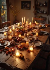 Naklejka premium Cozy autumn-themed dinner setup on a wooden dining table with candles, blankets, and warm lighting, stuffing, blanket, cozy atmosphere