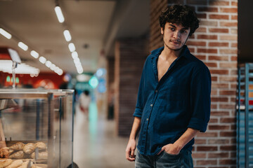A young man in a blue shirt stands next to a bakery display in a modern shopping mall, exhibiting...