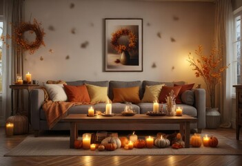 Cozy living room with fall decorations and candles, cozy home, relaxing space , autumnal decor