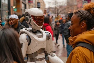 Futuristic Humanoid Robot interacting with a diverse group of individuals, showcasing the integration of AI in customer service