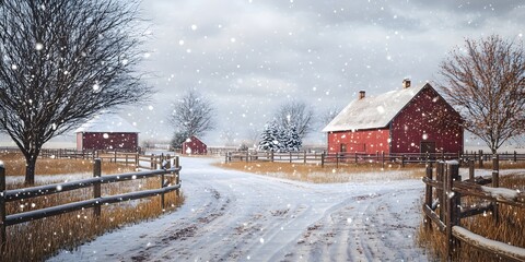 Scenic Winter View of Farmyard with Gentle Snowfall and Rustic Red Barns Surrounded by Frosty Landscape