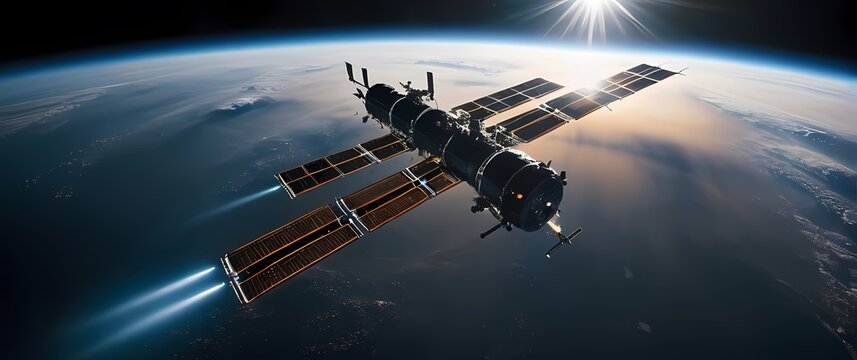 An awe inspiring view of the International Space Station gliding smoothly above the backlit horizon