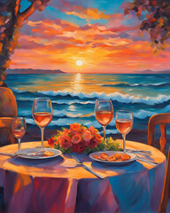 romantic picnic, Valentine's Day, sunset beach, love scene, beach romance, couple's picnic, sunset romance, beach date, romantic getaway, seaside love, Valentine vibes, romantic scenery, ocean sunset,