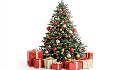 A Majestic Christmas Tree Adorned with Red and Gold Ornaments, Surrounded by Elegantly Wrapped Presents, Evoking the Spirit of Festive Cheer and Holiday Joy.