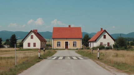 Naklejka premium Countryside road leads to charming rustic houses under clear skies, offering a serene rural escape with mountain backdrop.