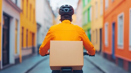 Cyclist in bright jacket delivering package on bike through vibrant urban street, showcasing efficient eco-friendly transport.