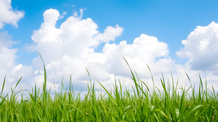Obraz premium Green grass and blue sky with white clouds