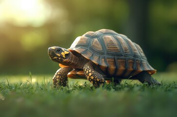 Obraz premium Close-Up of a Radiated Tortoise Crawling on Lush Green Grass Under Warm Sunlight in a Serene Natural Environment