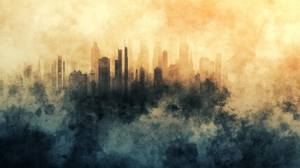 Obraz premium A captivating misty city skyline emerges at sunrise, enveloped in fog and hazy colors, creating an atmospheric and serene urban landscape ideal for various projects.
