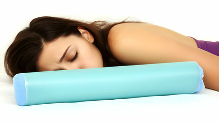 Obraz premium Woman sleeps peacefully on a cylindrical pillow, enjoying a restful slumber on a white background.
