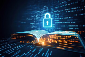 Digital book with security lock symbol.