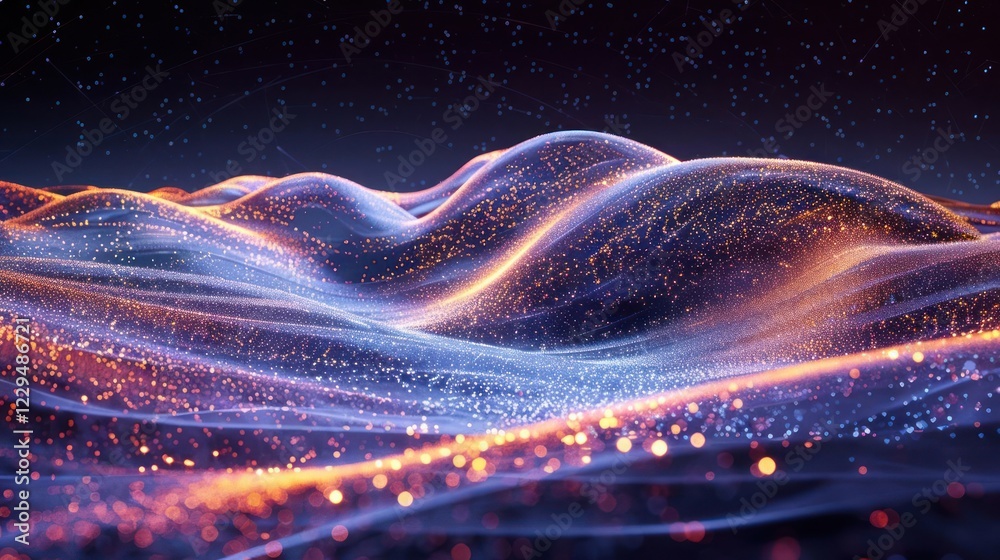 Poster abstract digital landscape with luminous waves and particles, creating a mesmerizing visual effect