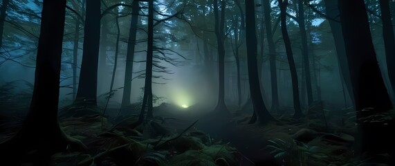 Naklejka premium An eerie atmosphere within spooky forests where natures features create captivating shadows