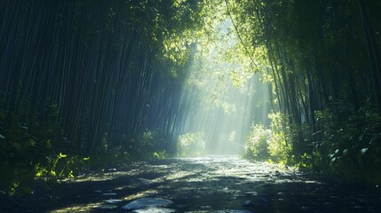 Obraz premium Serene Bamboo Forest Bathed in Sunlight with Peaceful Pathway Illuminated by Rays Streaming Through Leaves