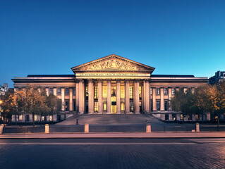 Grand Building Illuminates at Dusk under a Clear Blue Sky with Trees and Road