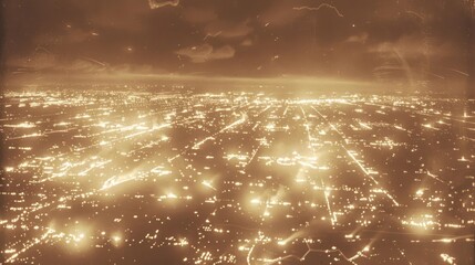 Aerial view of a glowing cityscape at night, showcasing vibrant lights and atmospheric clouds