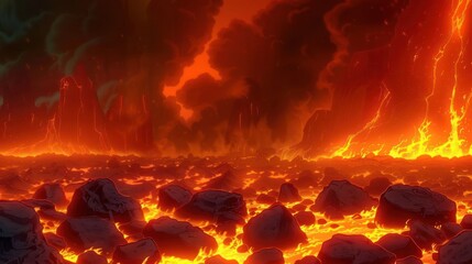 Fiery volcanic landscape with molten lava flows and dark smoke billowing in the background