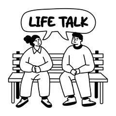 Glyph ticker of two friends sitting on a bench having a conversation with life talk typography