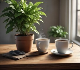 Cup of steaming hot coffee on a small wooden table next to a potted plant, coffee, greenery, peaceful