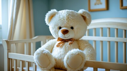Cuddly white teddy bear in cozy nursery setting