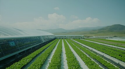 Hydroponic lettuce farm, mountain backdrop, sunny day, sustainable agriculture