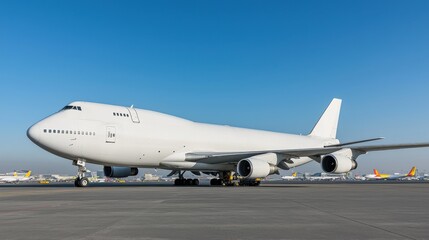 Large commercial airplane taxiing on runway under clear blue sky, preparing for takeoff, with distant terminal view.