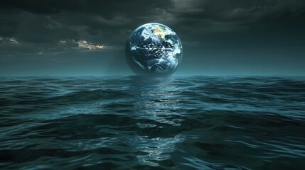 Surreal depiction of Earth rising from dark ocean waters under a stormy sky, evoking environmental awareness