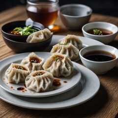 chinese dim sum chinese steamed dumplings with soy sauce and chopsticks tasty baked dumplings with spring onions on black plate
 