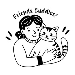 A glyph sticker of a person cuddling a cat, with the text friends cuddles