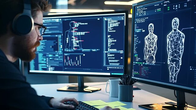 A software engineer develops an avatar customization tool in a modern tech workspace.