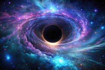 Dark and mysterious galaxy with a large central black hole surrounded by swirling purple and blue gases, celestial bodies, cosmic vortex, astronomy, cosmos
