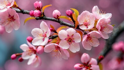 Obraz premium Delicate pink cherry blossom petals closeup background